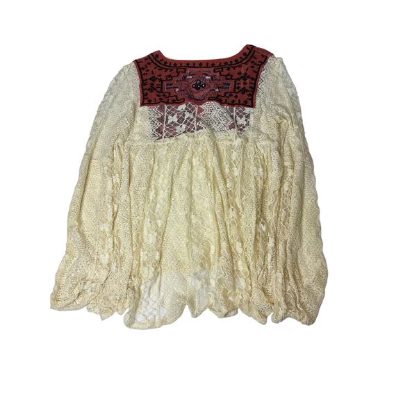 Free People Lace Top Women US Small Sheer Flowy Embroidered Indie Boho LS Aztec - Picture 8 of 9